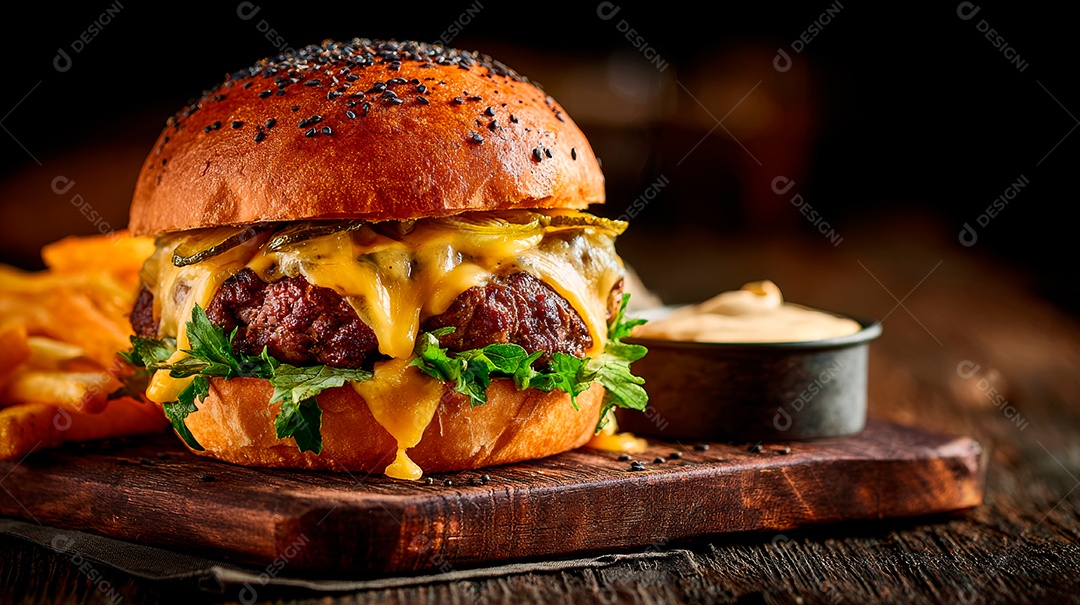 Delicioso hambúrguer com carne e legumes.