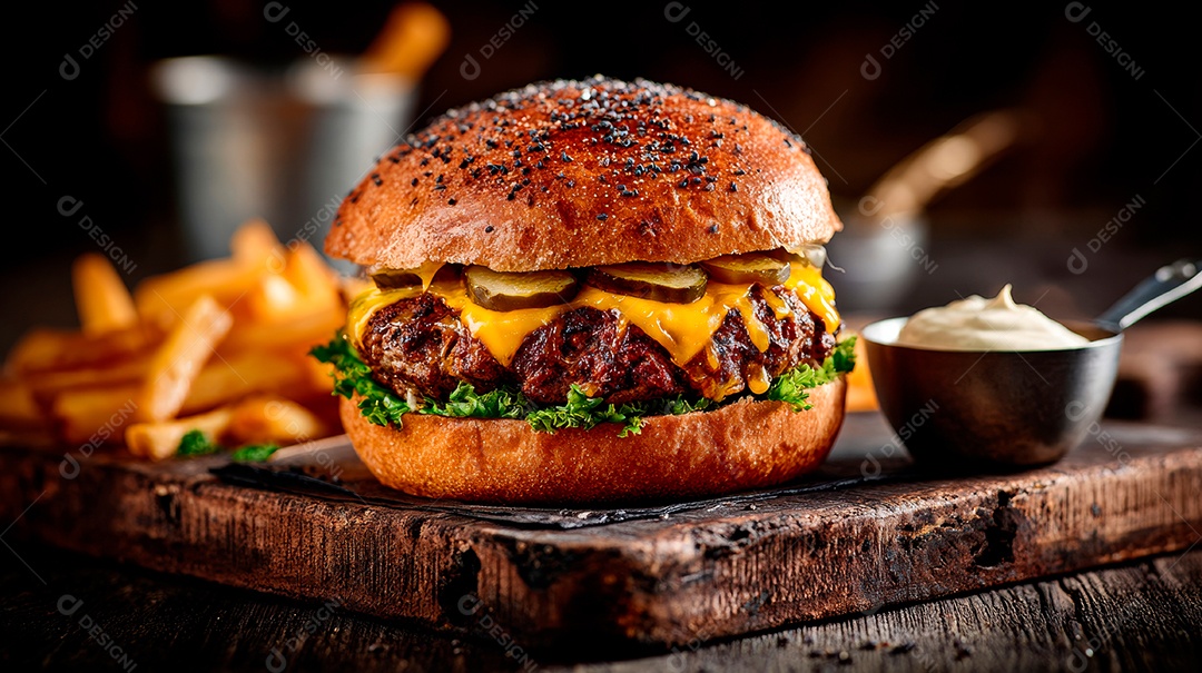 Delicioso hambúrguer com carne e legumes.