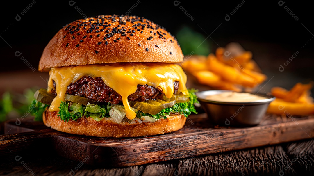 Delicioso hambúrguer com carne e legumes.