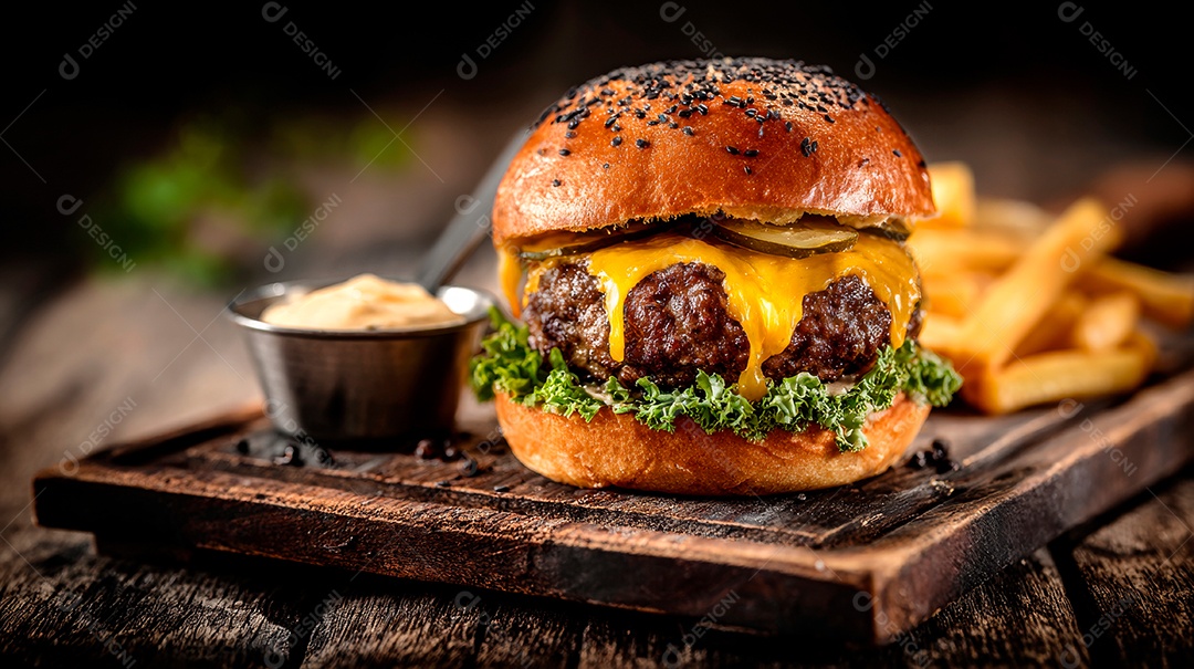 Delicioso hambúrguer com carne e legumes.