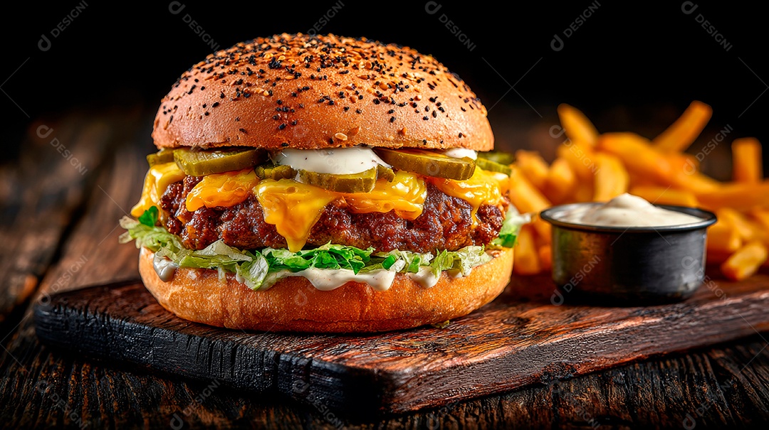 Delicioso hambúrguer com carne e legumes.