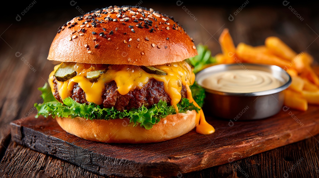 Delicioso hambúrguer com carne e legumes.