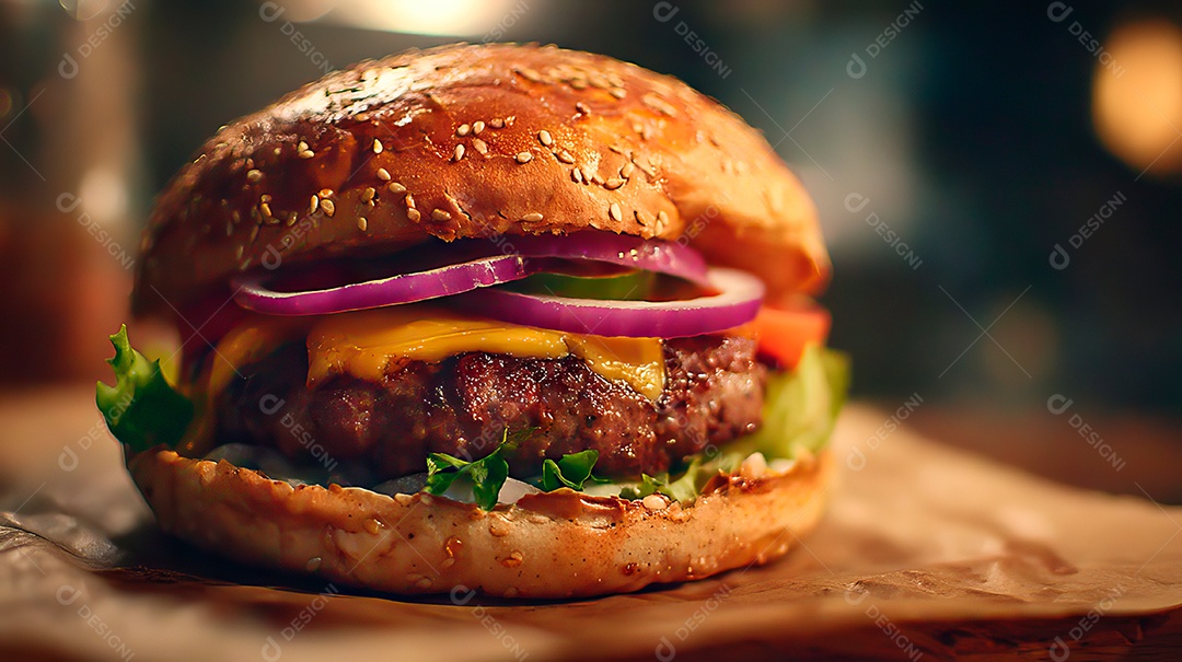 Delicioso hambúrguer com carne e legumes.