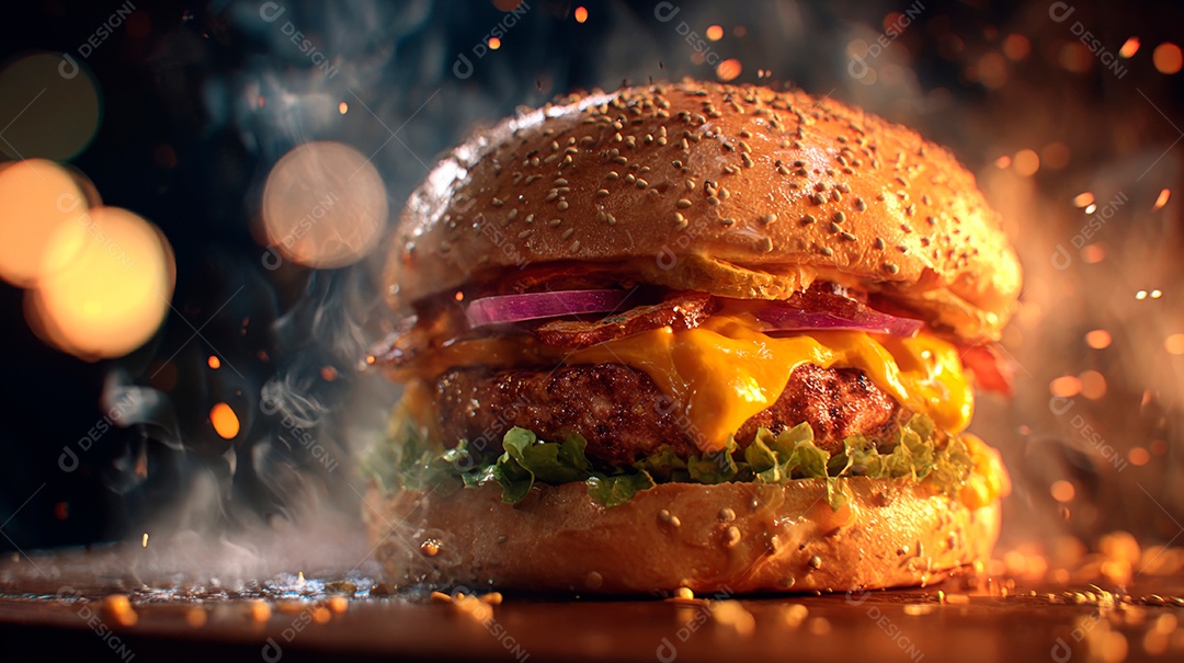 Delicioso hambúrguer com carne e legumes.