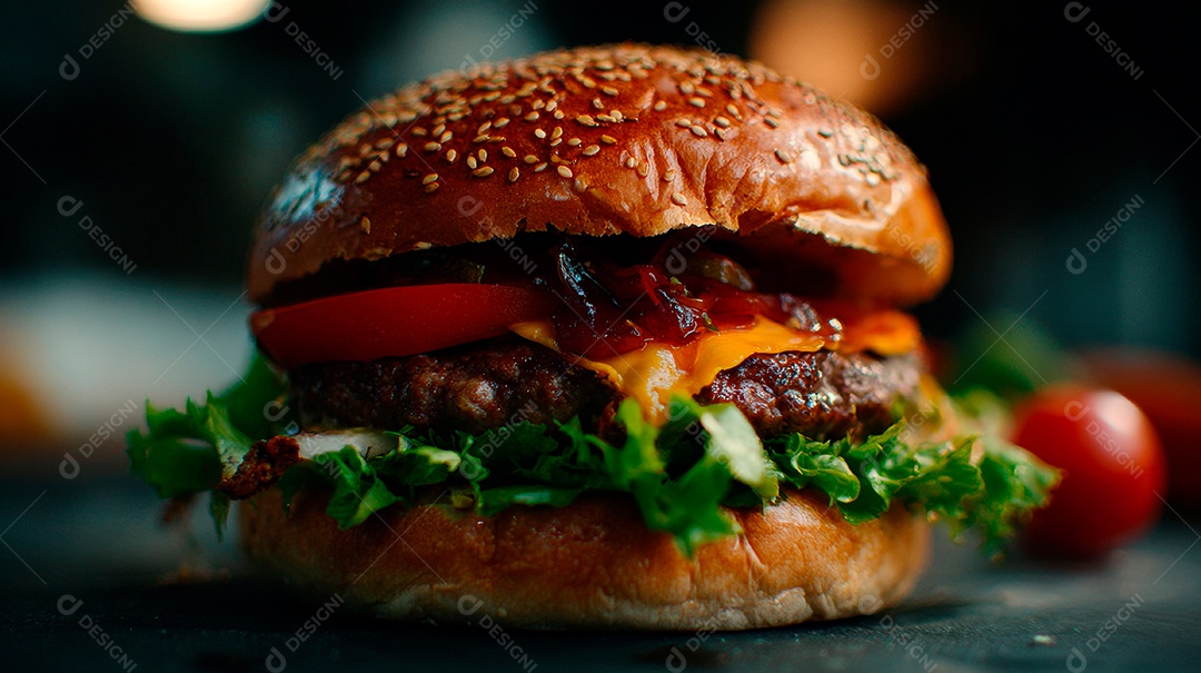 Delicioso hambúrguer com carne e legumes.