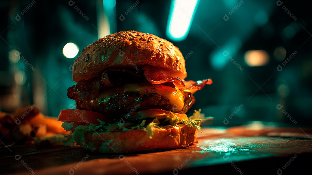 Delicioso hambúrguer com carne e legumes.