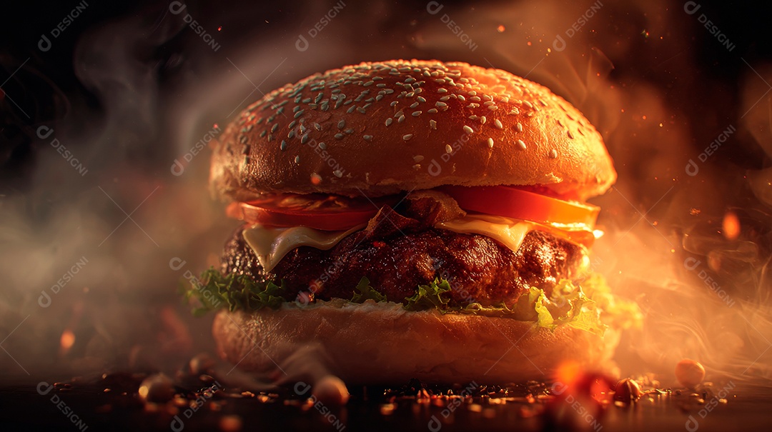 Delicioso hambúrguer com carne e legumes.