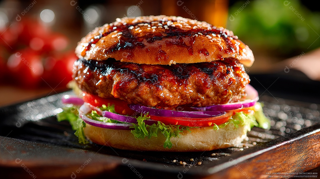 Delicioso hambúrguer com carne e legumes.
