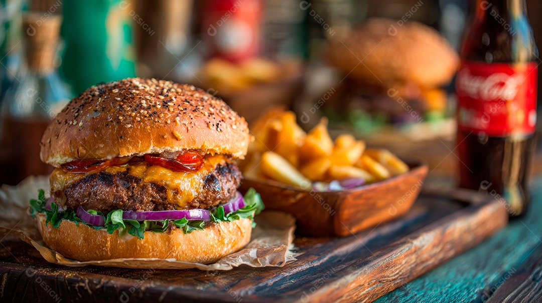 Delicioso hambúrguer com carne e legumes de pão australiano.