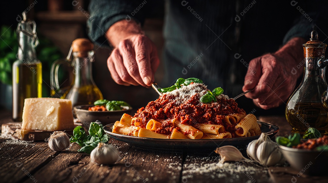 A imagem mostra um prato de Rigatoni com molho à bolonhesa ou ragu, finalizado com queijo ralado e manjericão fresco.