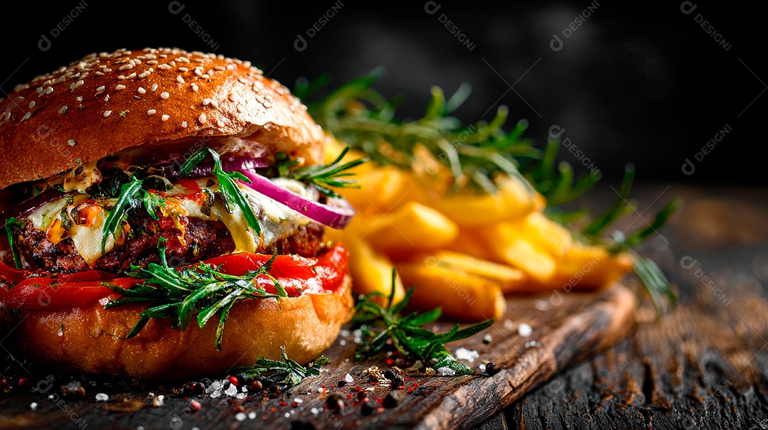 Delicioso hambúrguer com carne e legumes.