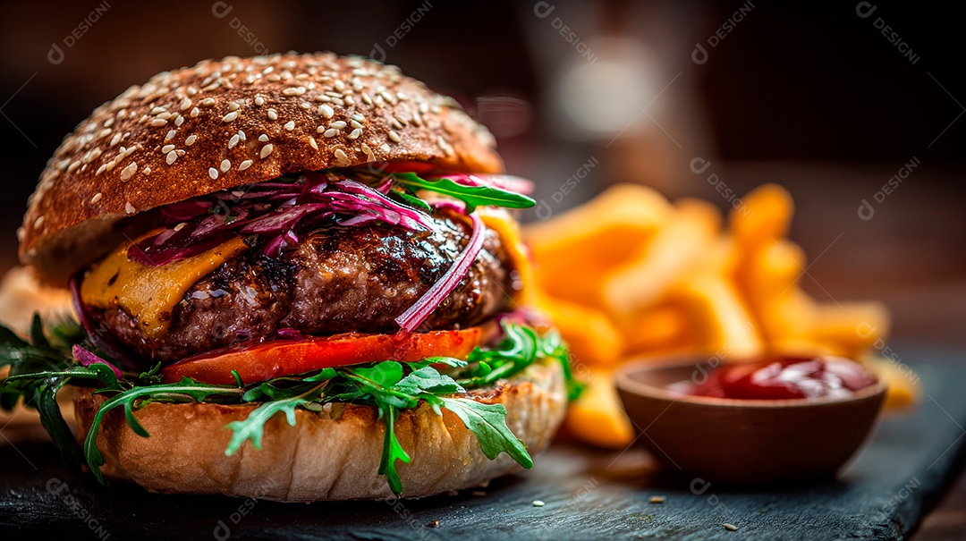 Delicioso hambúrguer com carne e legumes de pão australiano.