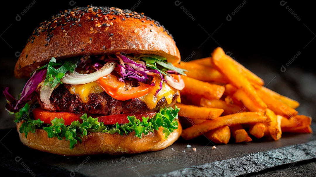 Delicioso hambúrguer com carne e legumes.