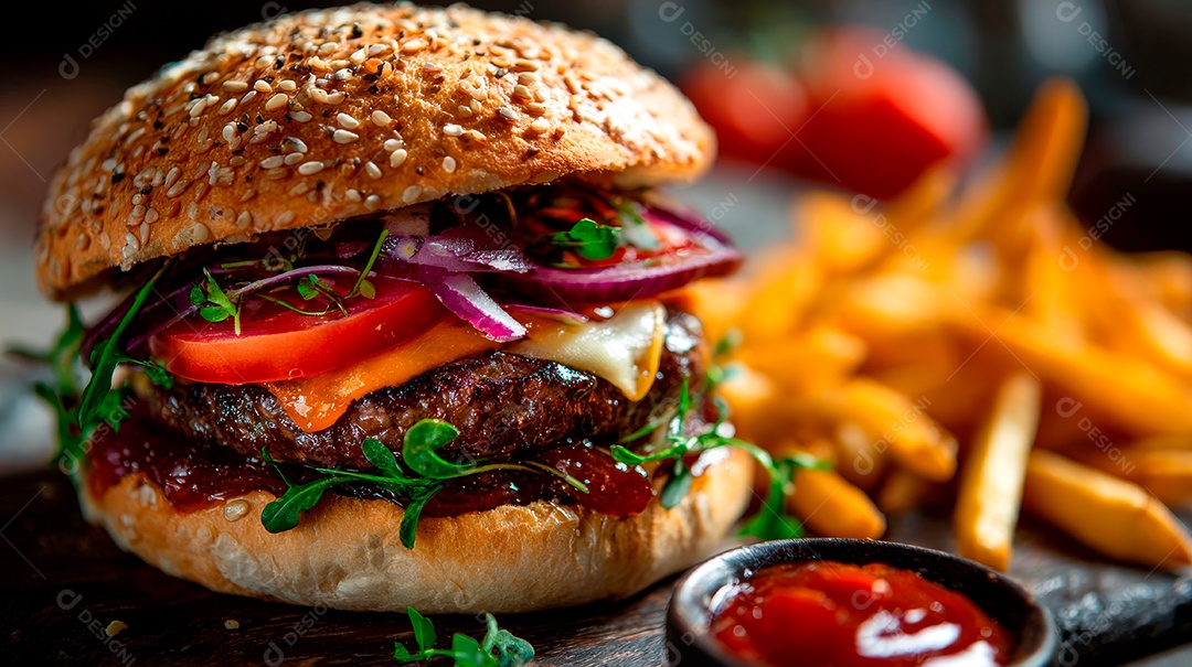 Delicioso hambúrguer com carne e legumes.