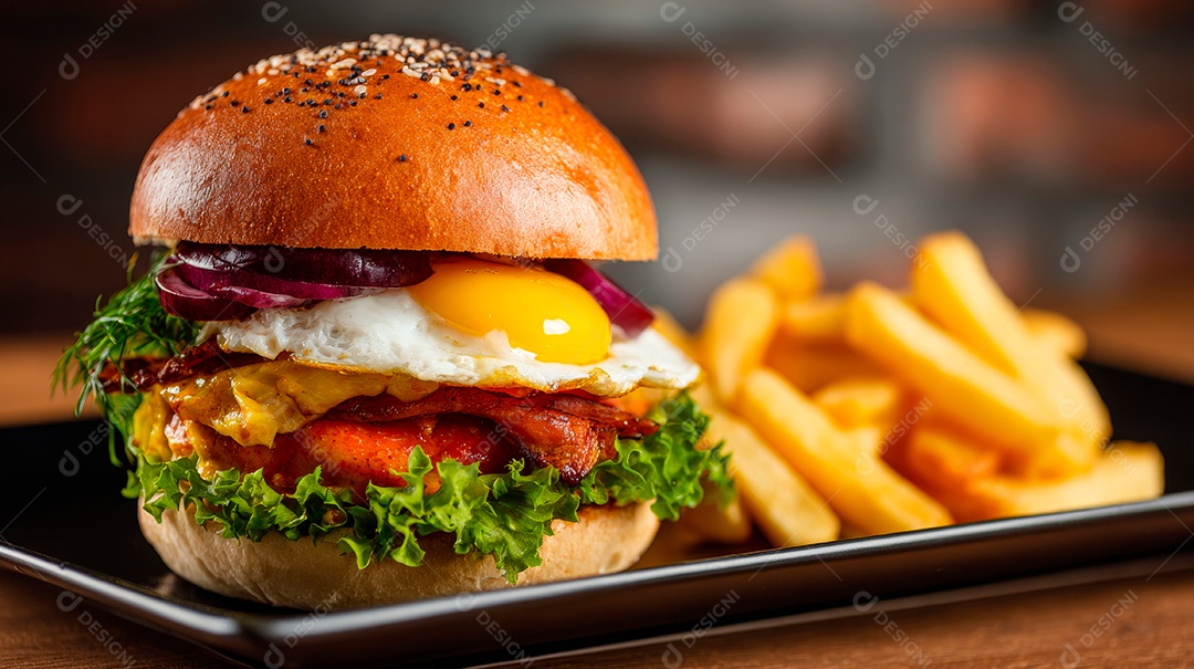 Delicioso hambúrguer com carne e legumes.