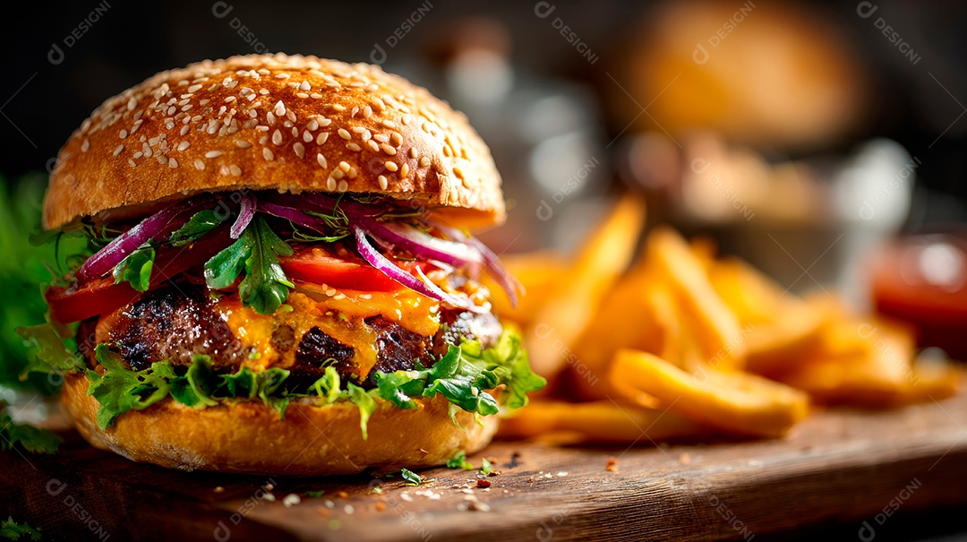 Delicioso hambúrguer com carne e legumes.