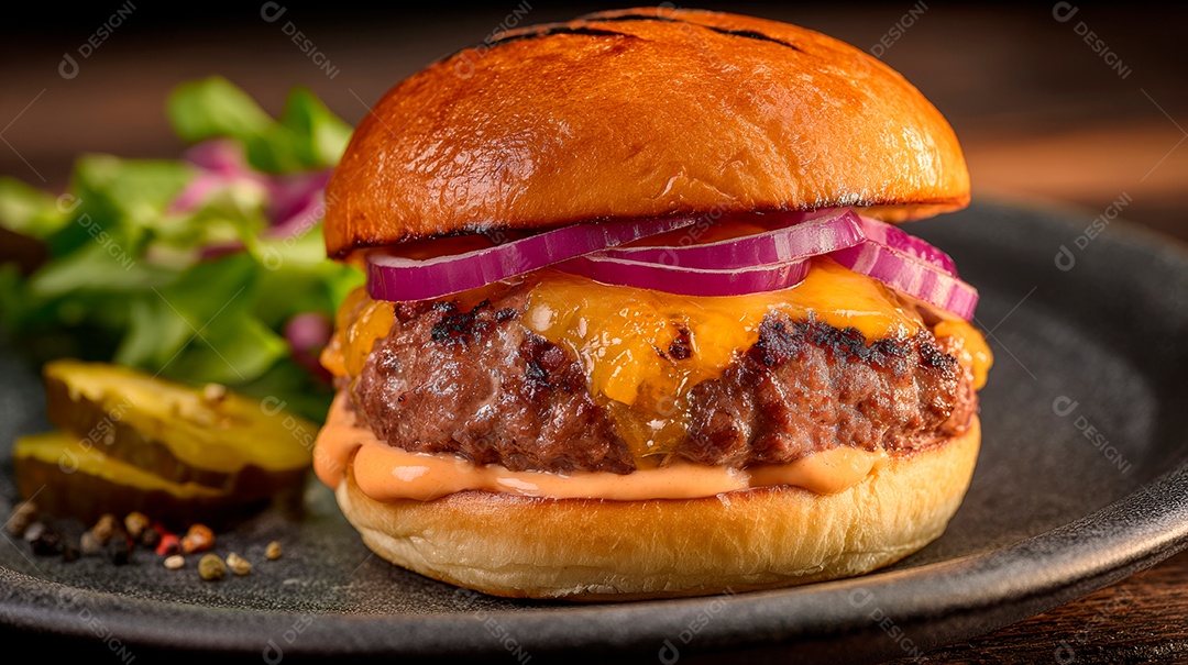 Delicioso hambúrguer com carne e legumes.