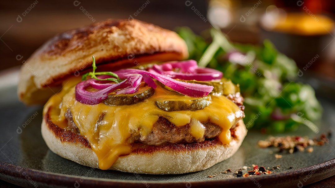 Delicioso hambúrguer com carne e legumes.