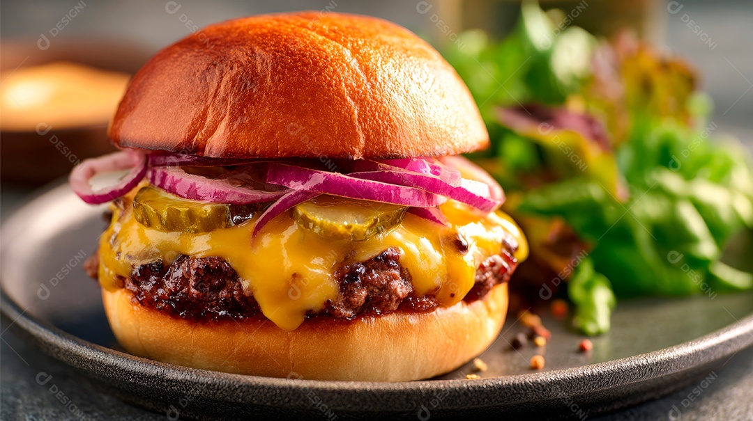 Delicioso hambúrguer com carne e legumes.