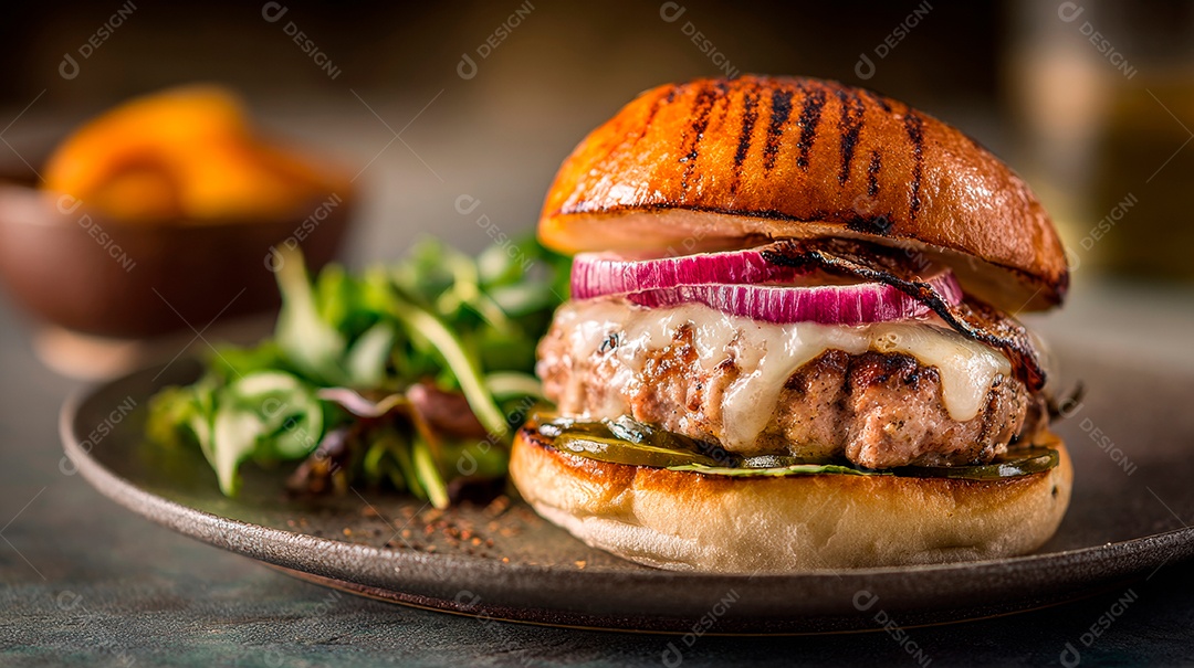 Delicioso hambúrguer com carne e legumes.