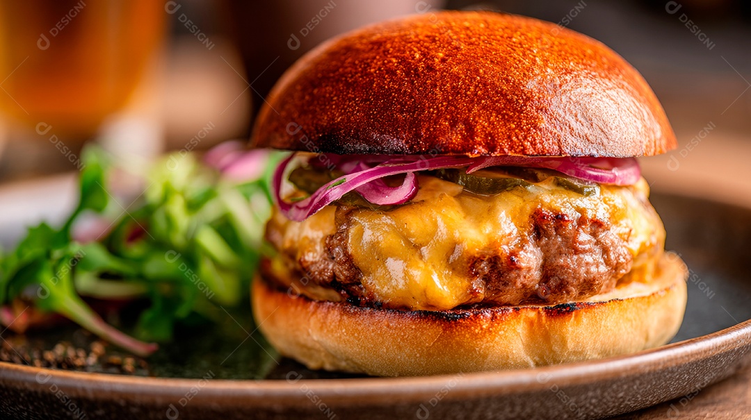 Delicioso hambúrguer com carne e legumes.