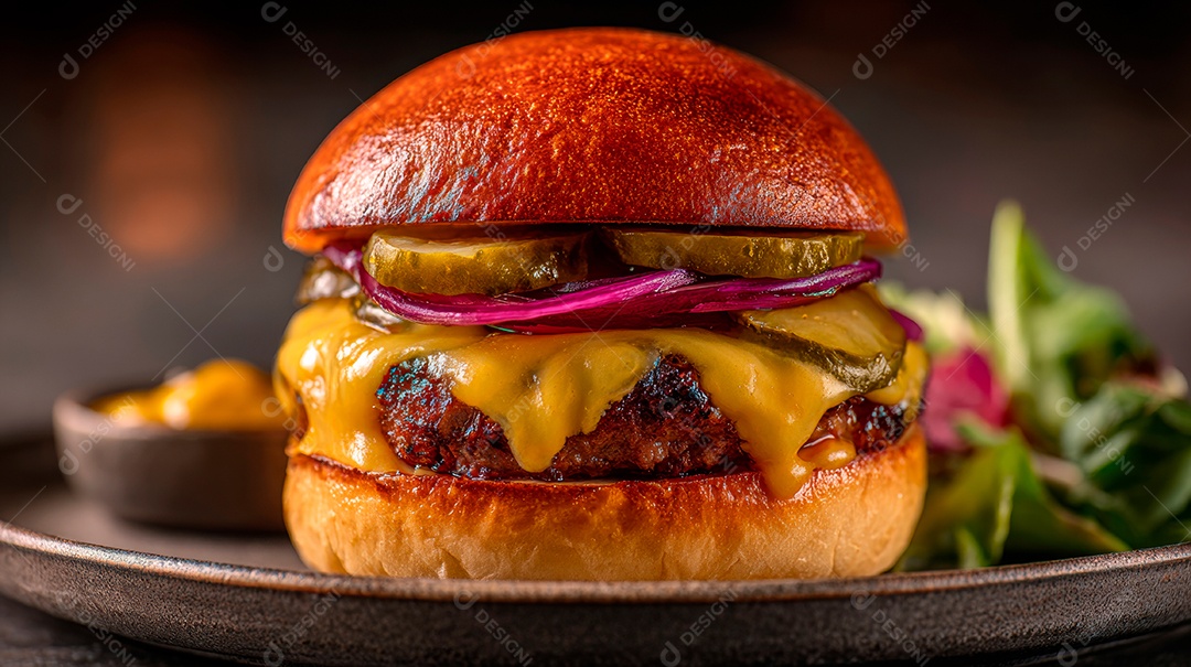 Delicioso hambúrguer com carne e legumes.