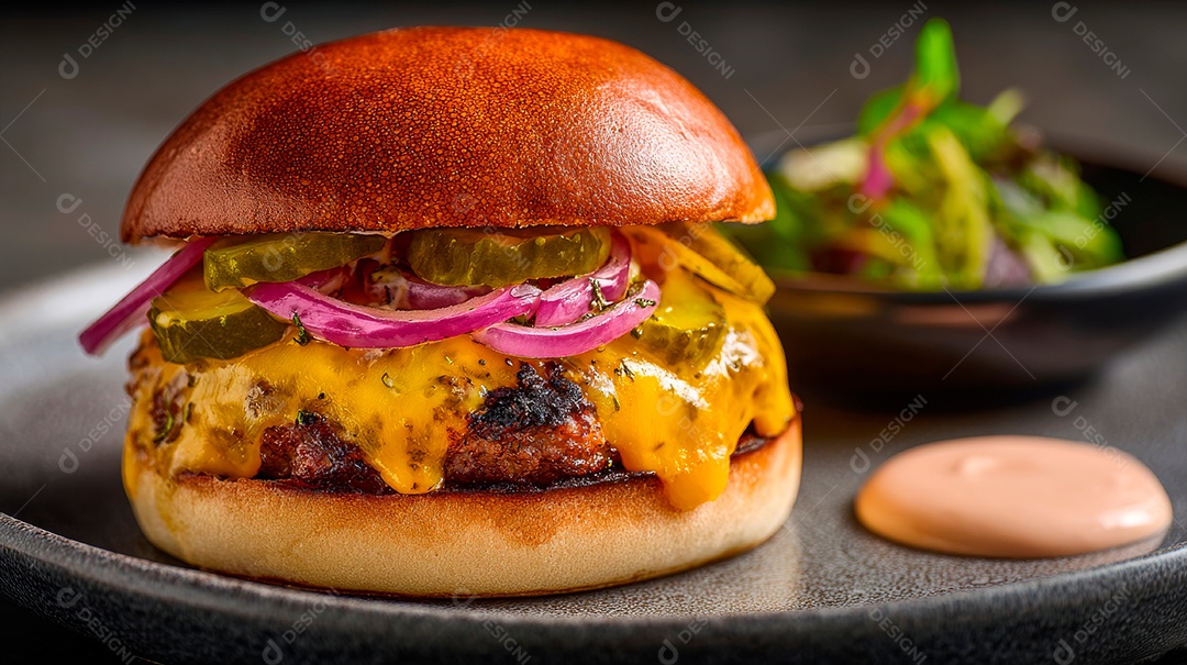 Delicioso hambúrguer com carne e legumes.