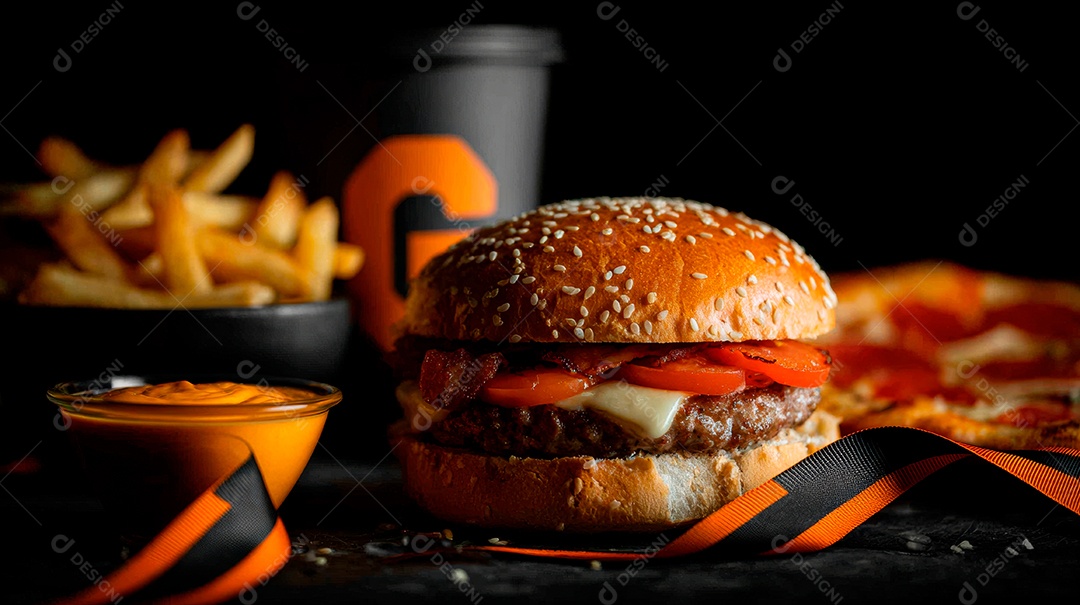 Delicioso hambúrguer com carne e legumes.