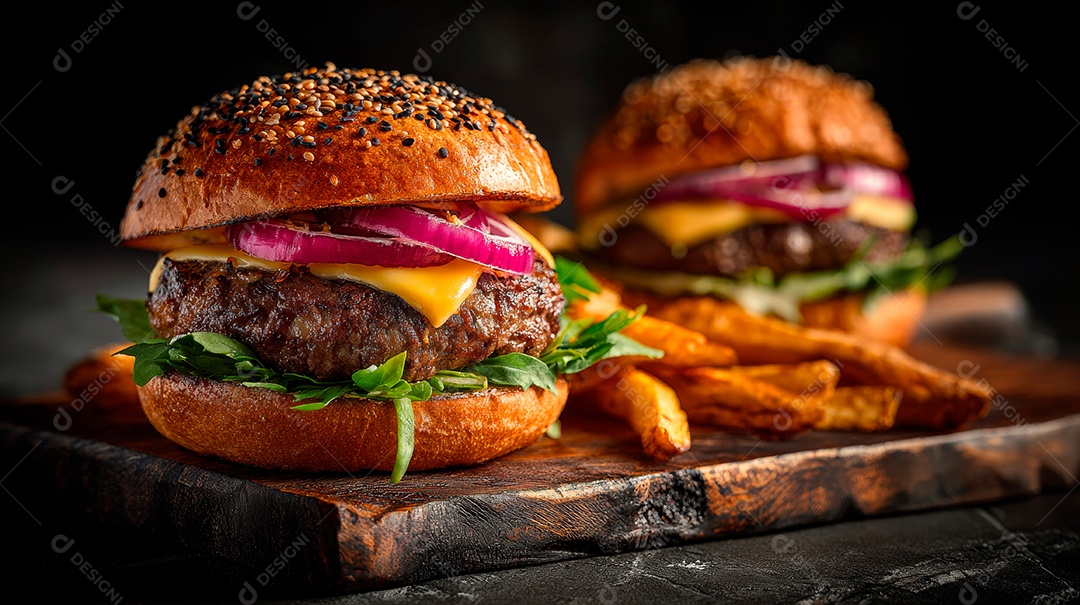 Delicioso hambúrguer com carne e legumes.