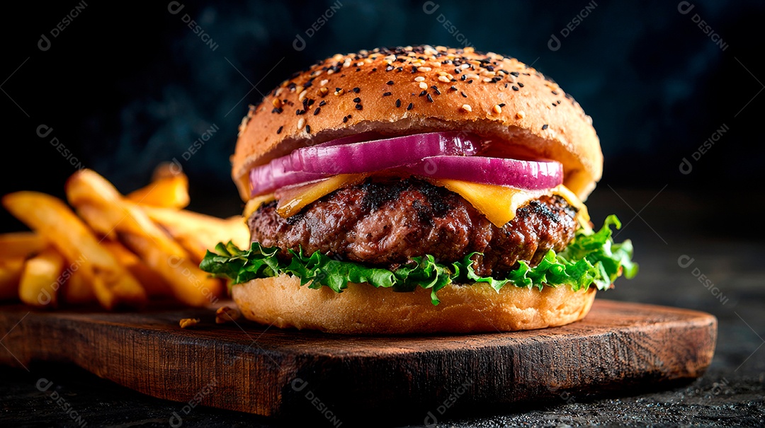 Delicioso hambúrguer com carne e legumes.