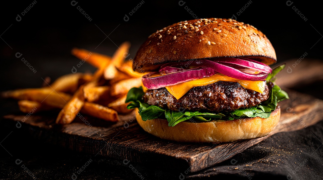 Delicioso hambúrguer com carne e legumes.