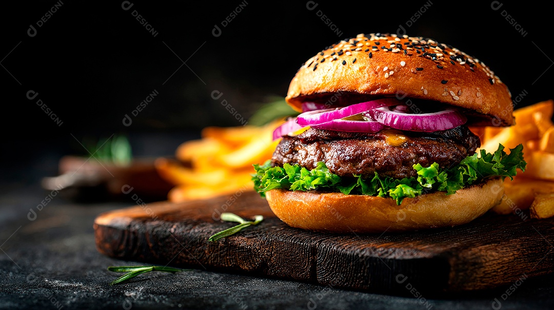 Delicioso hambúrguer com carne e legumes.