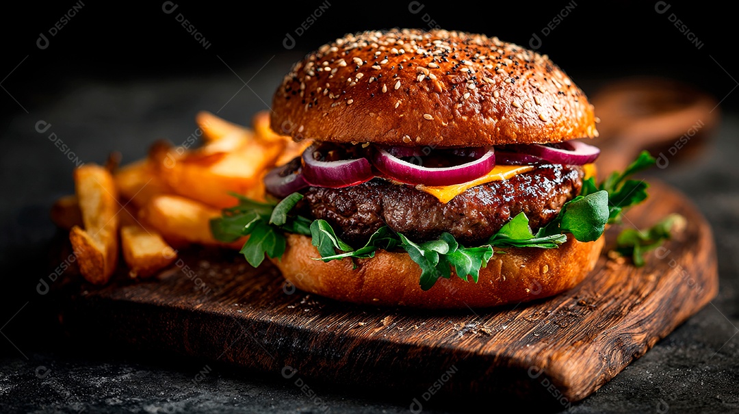 Delicioso hambúrguer com carne e legumes.