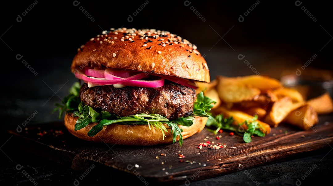Delicioso hambúrguer com carne e legumes.