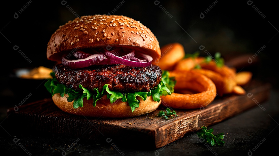 Delicioso hambúrguer com carne e legumes de pão australiano.