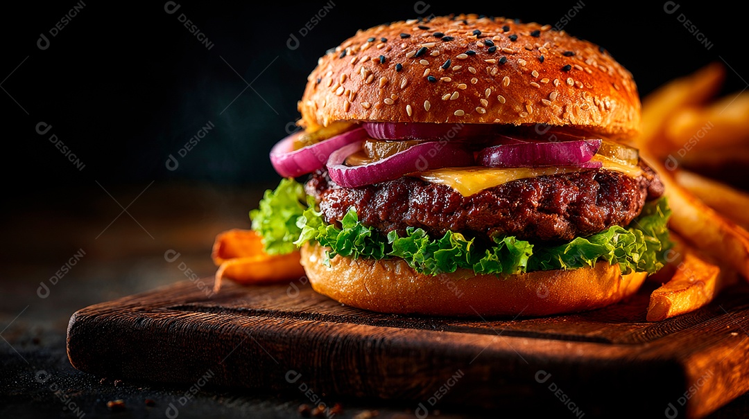 Delicioso hambúrguer com carne e legumes de pão australiano.