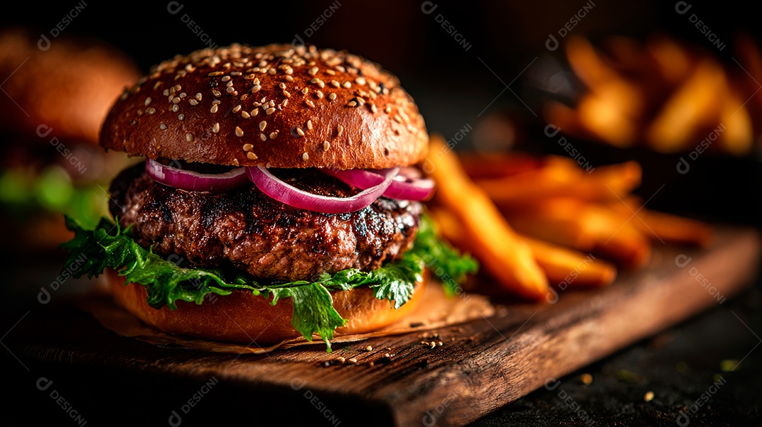 Delicioso hambúrguer com carne e legumes.