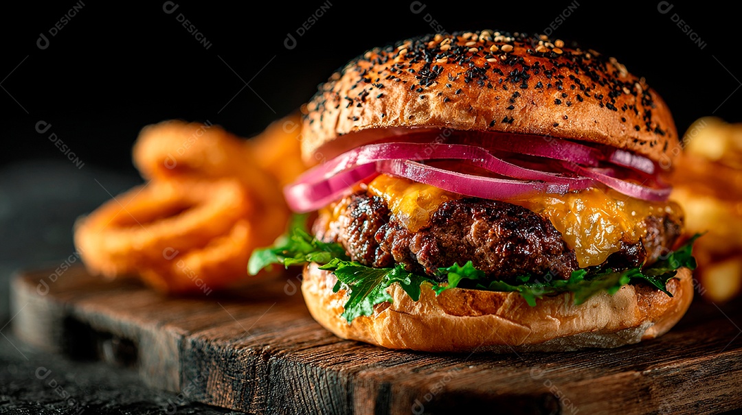 Delicioso hambúrguer com carne e legumes.