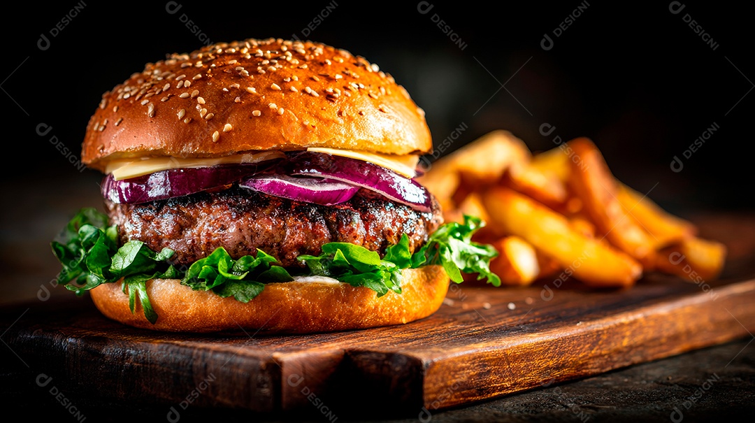 Delicioso hambúrguer com carne e legumes de pão australiano.