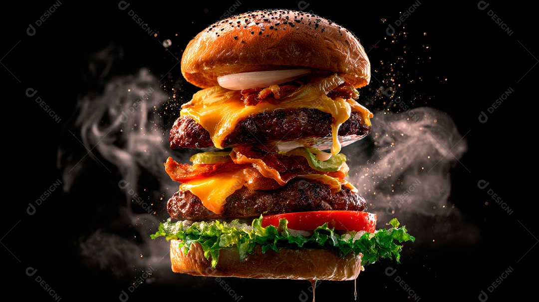 Delicioso hambúrguer com carne e legumes.