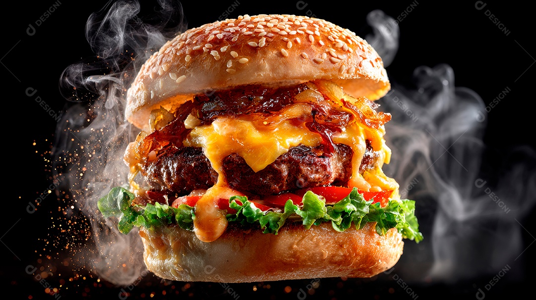 Delicioso hambúrguer com carne e legumes de pão australiano.