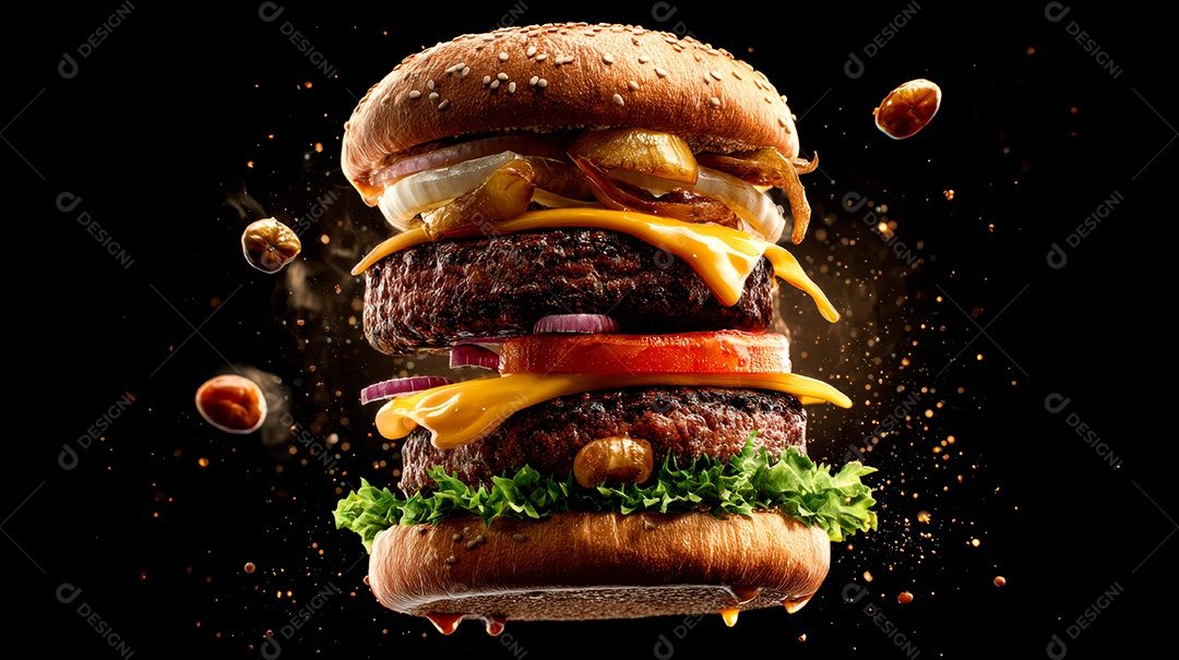 Delicioso hambúrguer com carne e legumes.