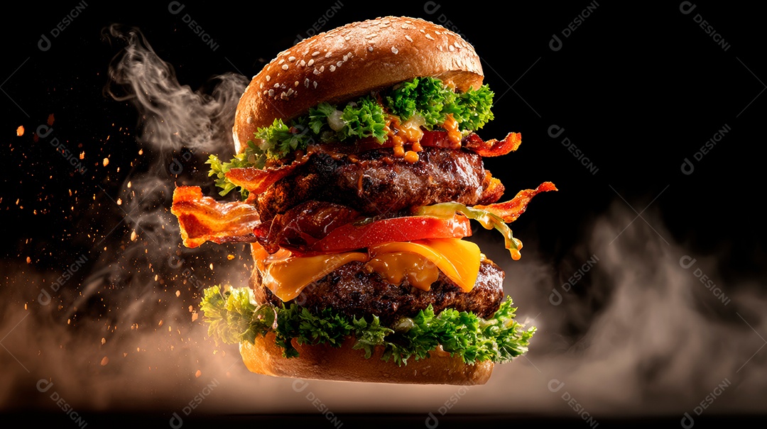 Hambúrguer com carne e legumes.