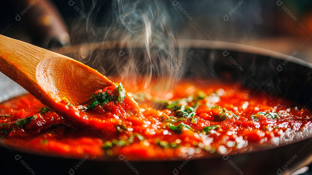 Saborosa macarronada em uma panela ao molho.