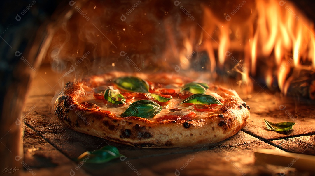 Saborosa pizza saindo do forno em uma pizzaria.