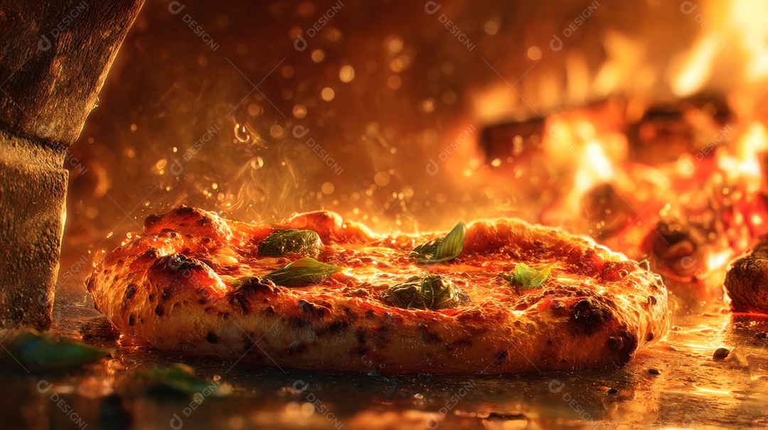 Saborosa pizza saindo do forno em uma pizzaria.