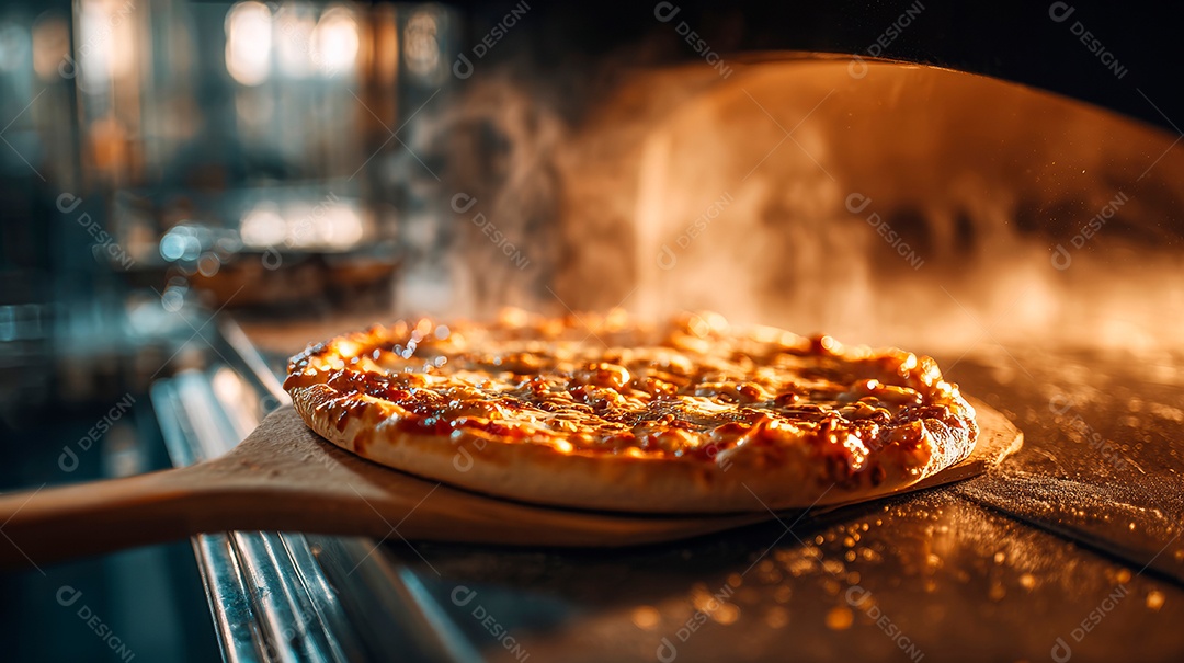 Saborosa pizza saindo do forno em uma pizzaria.