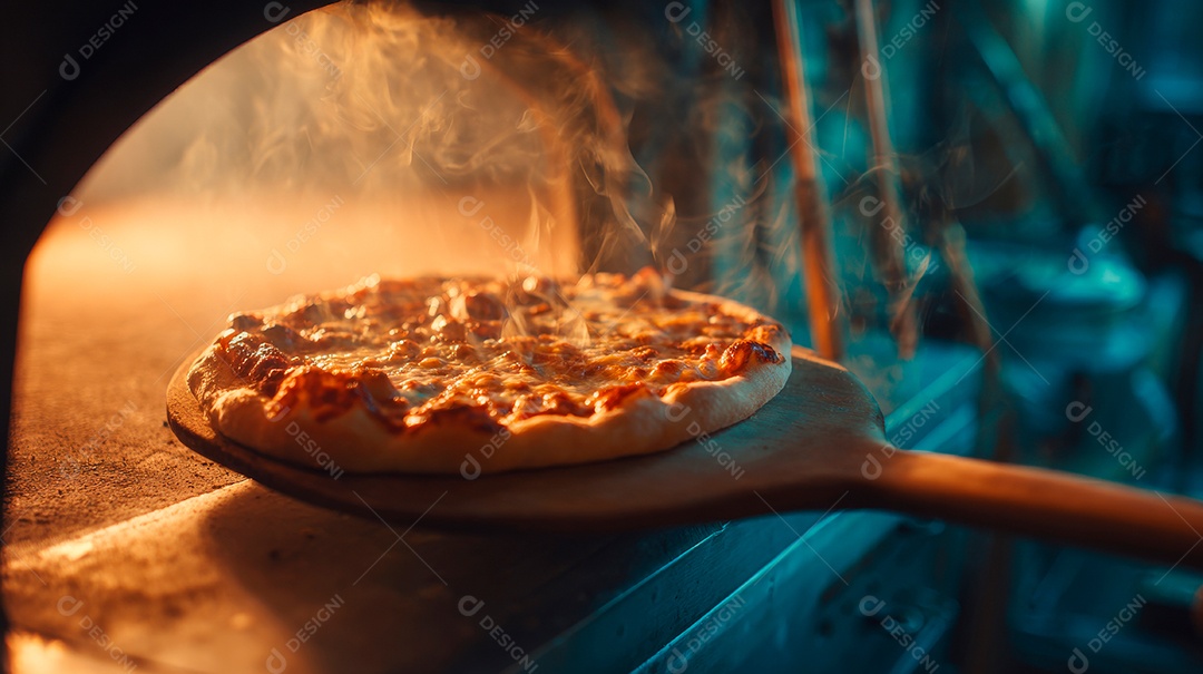 Saborosa pizza saindo do forno em uma pizzaria.