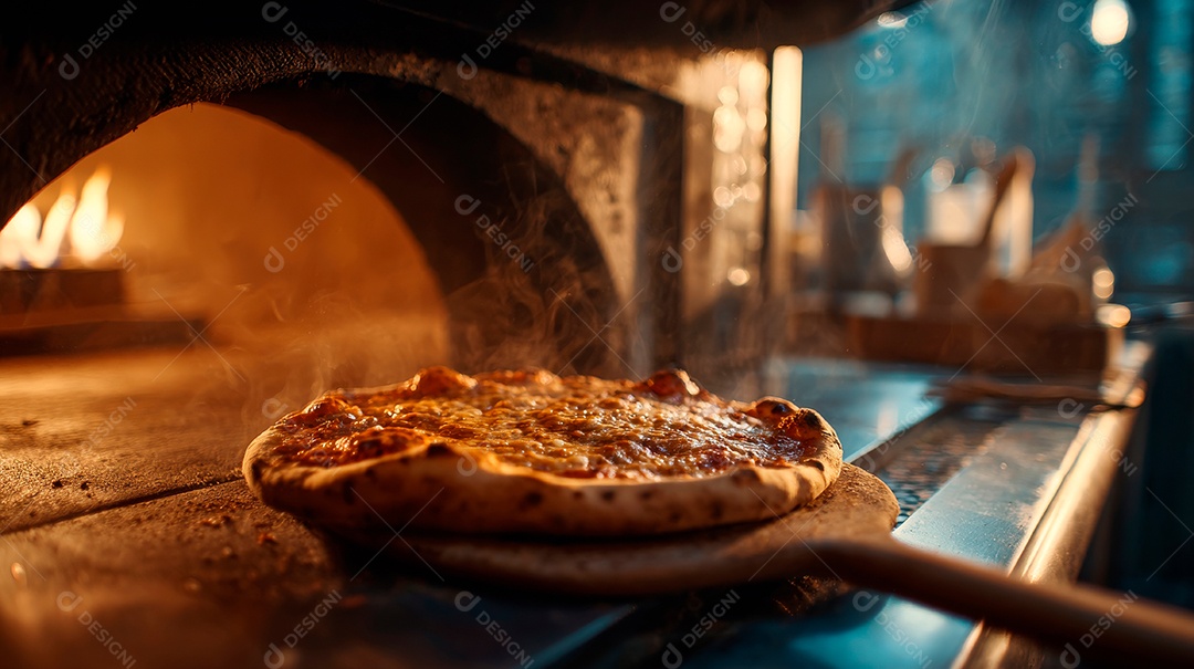 Saborosa pizza saindo do forno em uma pizzaria.