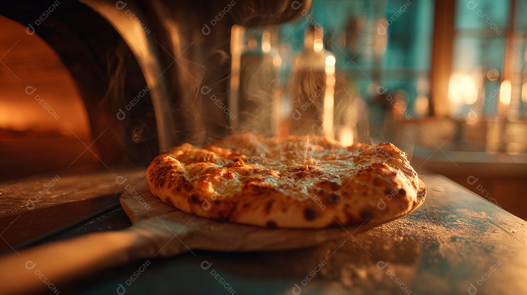 Saborosa pizza saindo do forno em uma pizzaria.